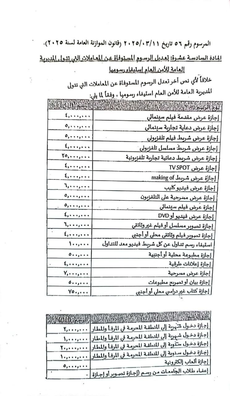 الامن العام نشر جدول قيمة الرسوم المعدلة على المعاملات