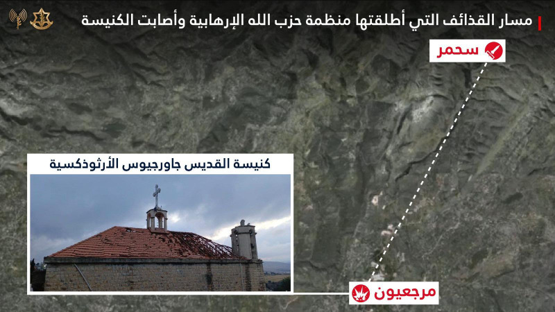 أدرعي: مشاهد جيش الدفاع الحصرية تثبت  حزب الله الإرهابي أطلق قذايف صاروخية أصابت كنيسة في جنوب لبنان
